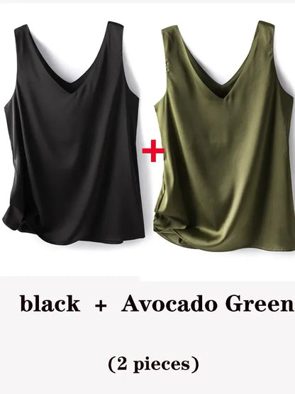 Woman T-shirts Elegant SILK Satin Blouse Sleeveless Female Summer 2025 Casual Loose Tanks and Camis Solid Green Tops for Women