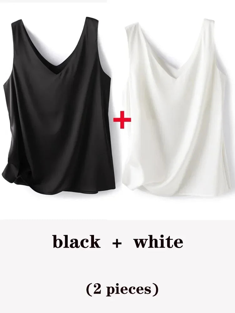 Woman T-shirts Elegant SILK Satin Blouse Sleeveless Female Summer 2025 Casual Loose Tanks and Camis Solid Green Tops for Women