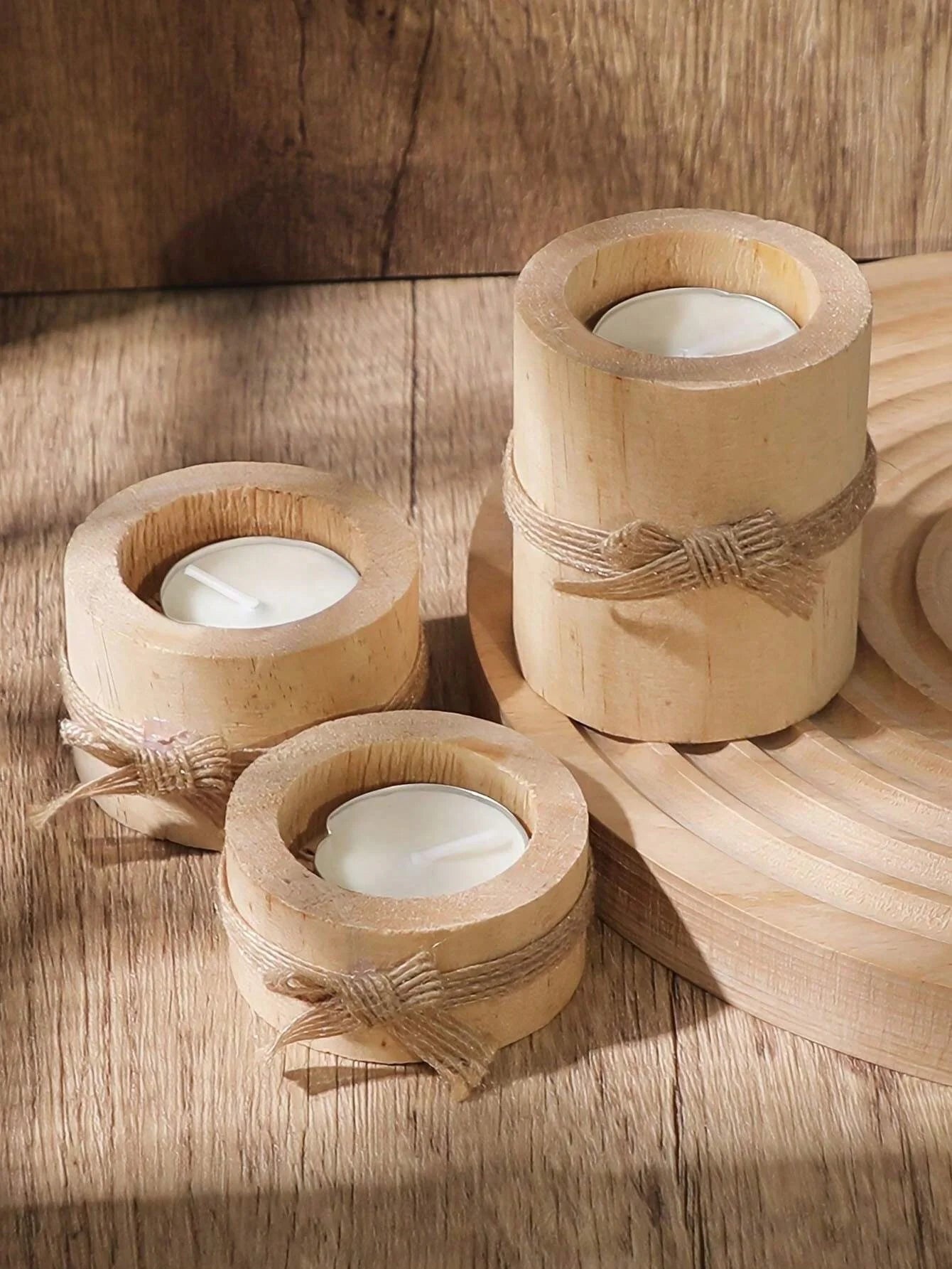 3 PCS Wood Tea Light Candle Holders Tealight Candlestick Home Table Candle Centerpiece for Wedding Christmas Party Decor