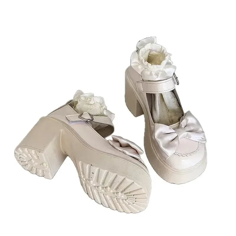 Princess Style Thick Heel Mary Jane Shoes for Women Size 34 Casual round Toe PU Leather Comfortable Breathable Adhesive Back