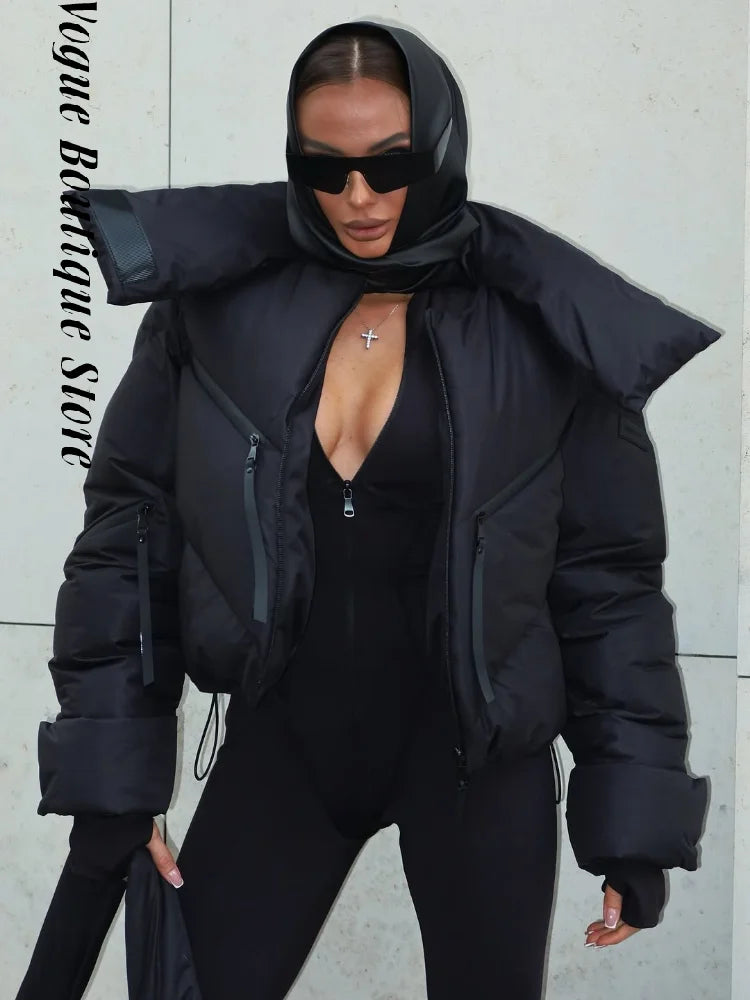 Chic Stand Collar Short Cotton Jacket Women Loose Contrast Warm Full Sleeve Zipper Jackets 2025 Fashion Autumn Winter Coat Lady