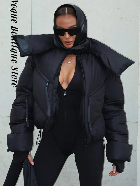 Chic Stand Collar Short Cotton Jacket Women Loose Contrast Warm Full Sleeve Zipper Jackets 2025 Fashion Autumn Winter Coat Lady