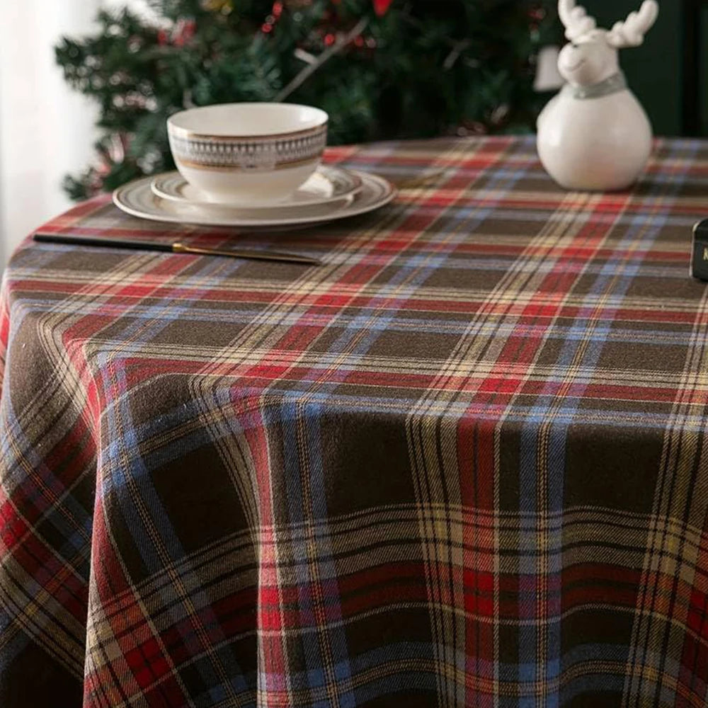 Christmas Tassel Round Tablecloth Plaid Table Cloth Checkered Table Cover for Christmas Thanksgiving Day Halloween Party Decor