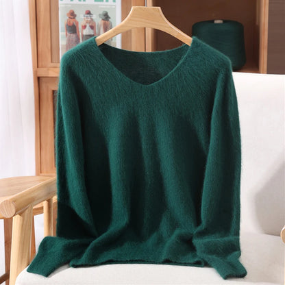 Autumn Winter Mink Cashmere Women Sweater V-Neck Pullover Fashion Basic Soft Warm Clothing 100% Mink Cashmere Knitwear Tops