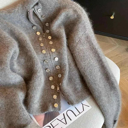 Grey Vintage Sweater Cardigans For Women Autumn New High Collar Double Breasted Knitted Coats Simple Elegant Female Knitwear Top
