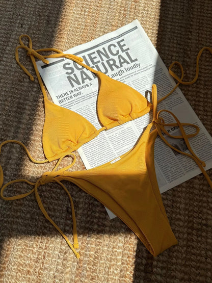 Sexy Brown Bikini 2025 Women Solid Red Halter Push Up Bra Tie Side Triangle Swimsuit Summer Bathing Suit Lace Up Micro Swimwear