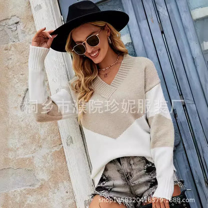 Women Sweaters Striped Knit Long Sleeve V Neck Pullovers Patchwork Regular Jumpers Casual Elegant Lady Streetwear Autumn