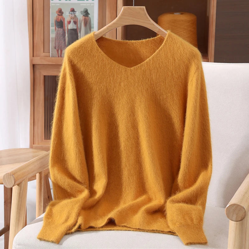 Autumn Winter Mink Cashmere Women Sweater V-Neck Pullover Fashion Basic Soft Warm Clothing 100% Mink Cashmere Knitwear Tops