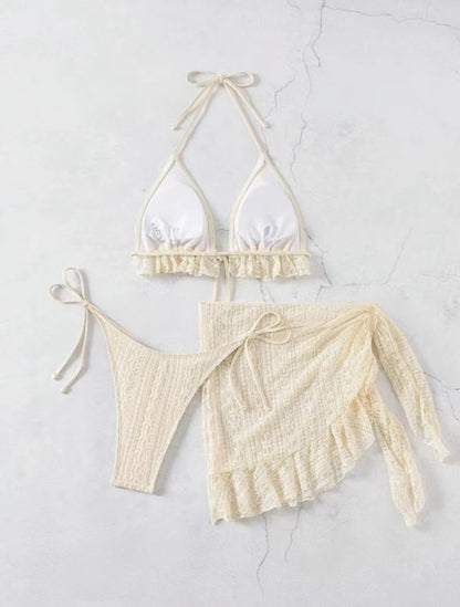 Sexy Mesh Bikini Swimsuit Women Bikini 3 Piece Set Solid Black/White/Ivory Summer 2025 New Beachwear Cute Bathing Suit Swimsuits