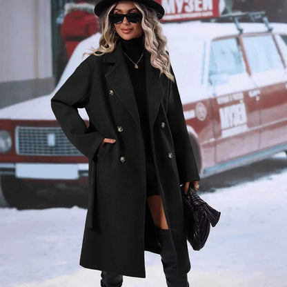 Thickened Pure Color Notch Collar Double Breasted Belted Long Length Woolen Coat for Women Comfortable Casual Style Spring Au...