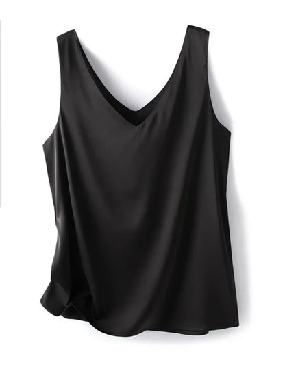 Woman T-shirts Elegant SILK Satin Blouse Sleeveless Female Summer 2025 Casual Loose Tanks and Camis Solid Green Tops for Women
