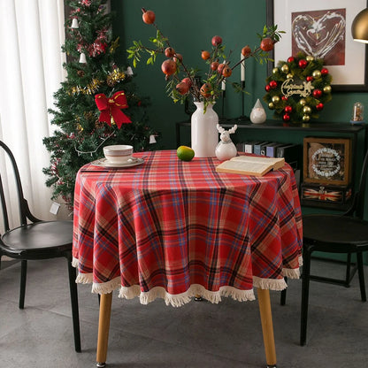 Christmas Tassel Round Tablecloth Plaid Table Cloth Checkered Table Cover for Christmas Thanksgiving Day Halloween Party Decor