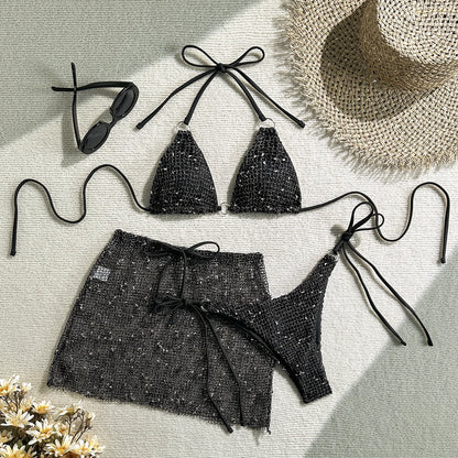 Shiny White Bikini Set 2025 Women's push up cover up 3 Piece Swimsuit Mesh Beach Skirt Thong Metal Ring Swimwear Bathing Suit