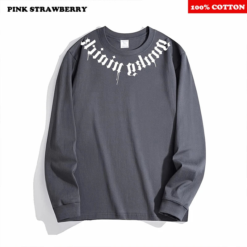 American Street Letter Print T-shirt Men 2025 Autumn New 100% Cotton White O-Neck Loose Casual T-shirt Y2k Tops Male clothing