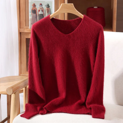 Autumn Winter Mink Cashmere Women Sweater V-Neck Pullover Fashion Basic Soft Warm Clothing 100% Mink Cashmere Knitwear Tops