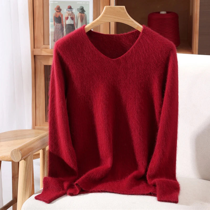 Autumn Winter Mink Cashmere Women Sweater V-Neck Pullover Fashion Basic Soft Warm Clothing 100% Mink Cashmere Knitwear Tops