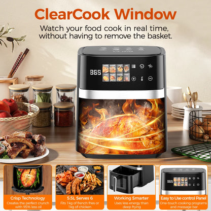 Patbrela 5.5L Air Fryer 8-in-1 Electric Hot Oven with Digital LED Screen Visible Window Max 200°C 1350W New Black Non-fat fryer