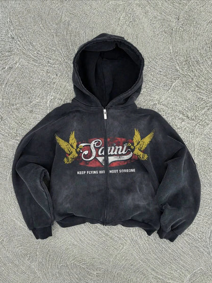 New Y2K American hip-hop retro monogrammed printed hoodie men clothing streetwear Harajuku jacket Gothic casual zip up hoodies