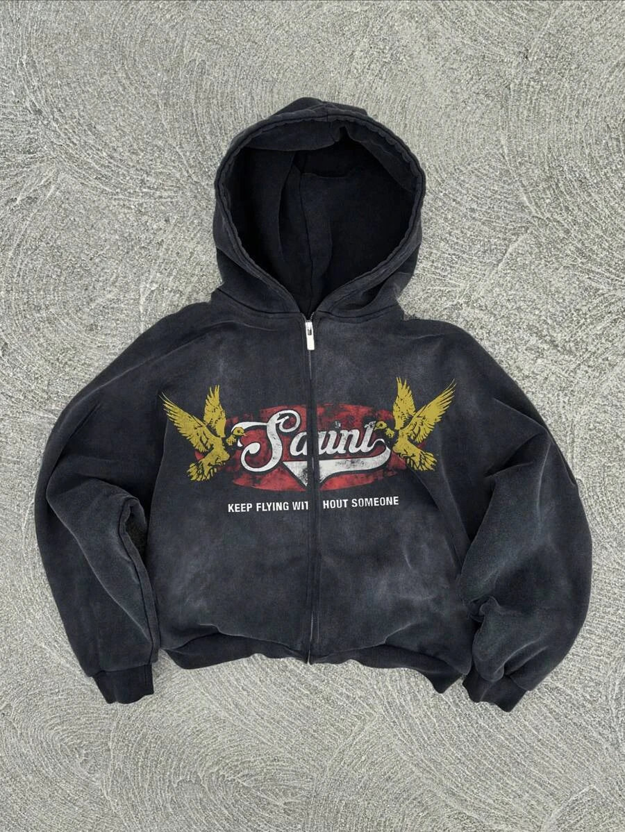 New Y2K American hip-hop retro monogrammed printed hoodie men clothing streetwear Harajuku jacket Gothic casual zip up hoodies