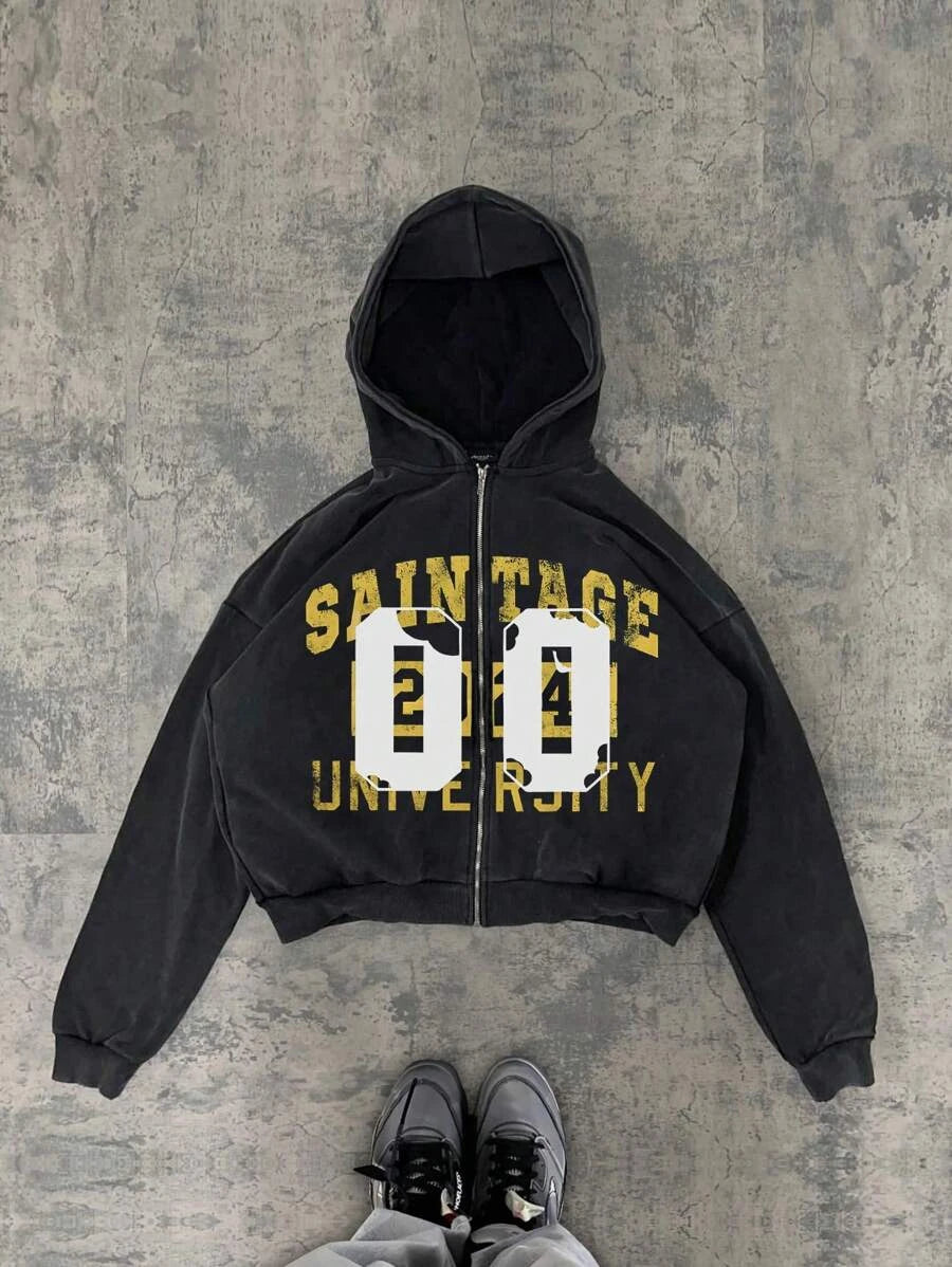 New Y2K American hip-hop retro monogrammed printed hoodie men clothing streetwear Harajuku jacket Gothic casual zip up hoodies