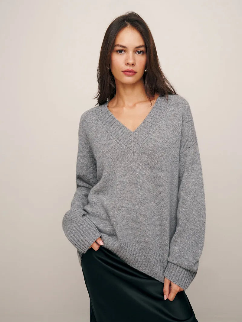 100% pure wool sweater autumn/winter new casual solid color knitted Tops V-neck women's loose pullover base Blouse