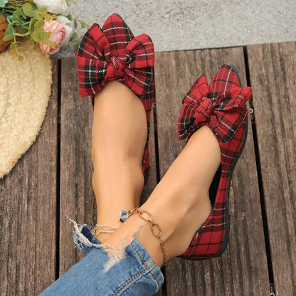 Retro Red Plaid Fashion Women Shoes New Pointed Toe Women's Flats Shoes Light and Comfortable Ladies Single Shoes