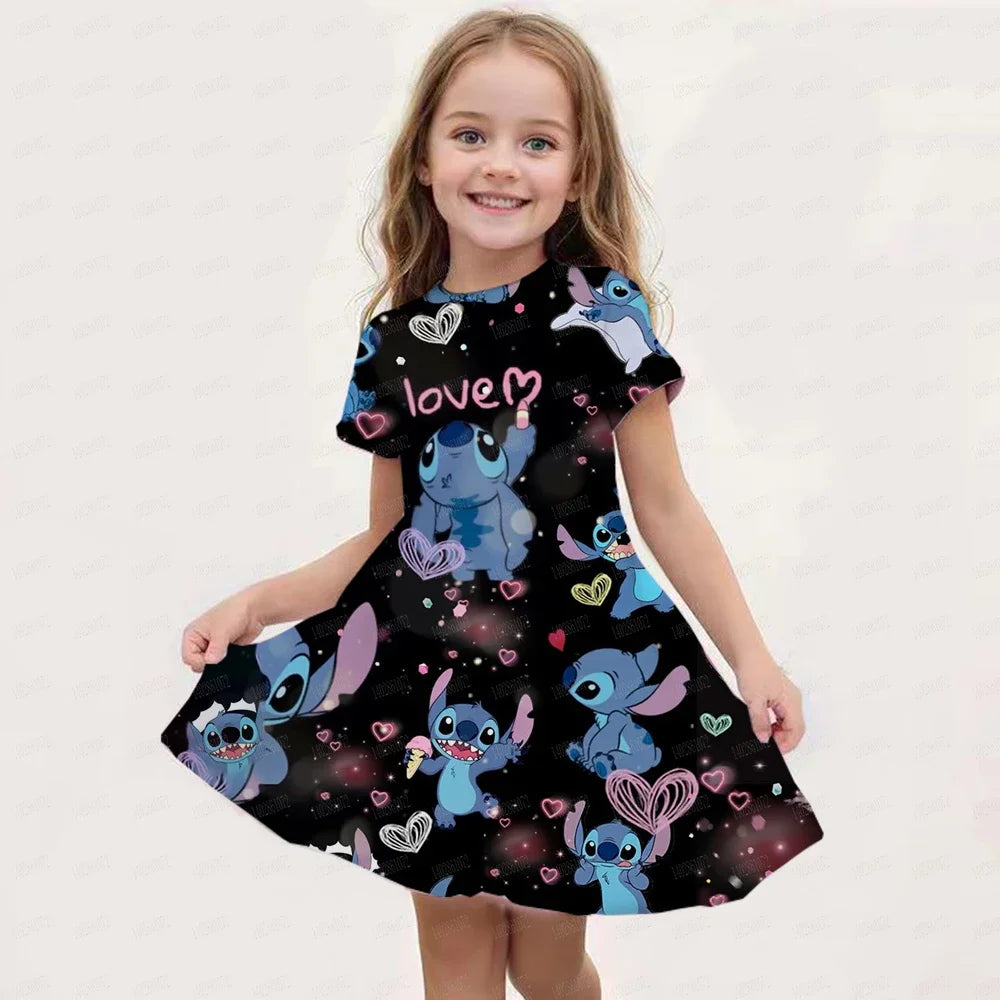 2025 Stitch Dress For Girls Children's Sleep Baby Summer Clothes StrayKids 3d Print Skirt Original Clothing Short-Sleeved Skirt