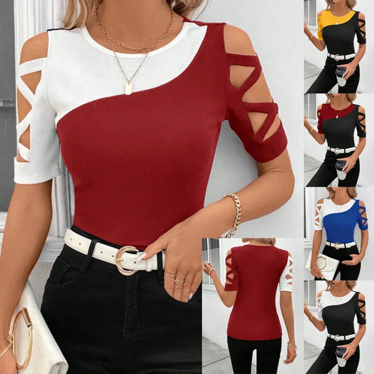 2025 Summer Fashion Blouses Women Classic Contrast Color Cross Slim Shirts Casual Round Neck Short Sleeve Hollow Out Street Tops