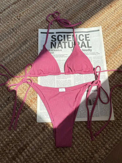 Sexy Brown Bikini 2025 Women Solid Red Halter Push Up Bra Tie Side Triangle Swimsuit Summer Bathing Suit Lace Up Micro Swimwear