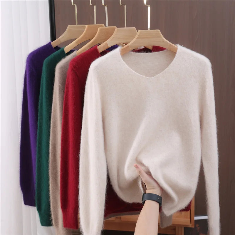 Autumn Winter Mink Cashmere Women Sweater V-Neck Pullover Fashion Basic Soft Warm Clothing 100% Mink Cashmere Knitwear Tops