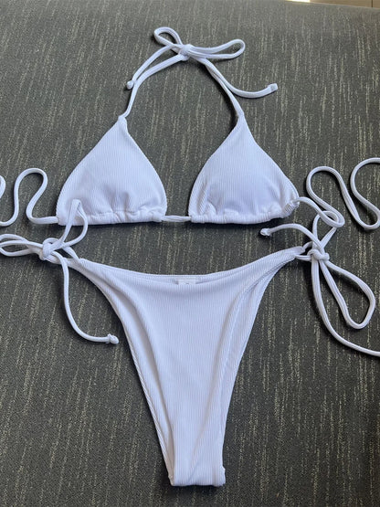 Sexy Brown Bikini 2025 Women Solid Red Halter Push Up Bra Tie Side Triangle Swimsuit Summer Bathing Suit Lace Up Micro Swimwear