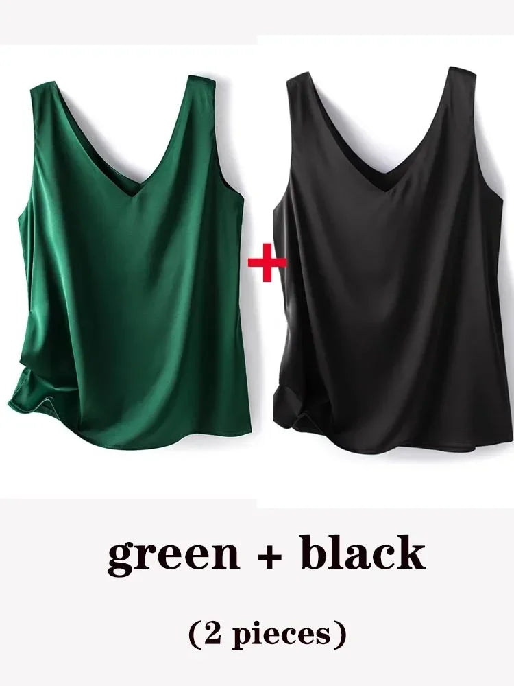 Woman T-shirts Elegant SILK Satin Blouse Sleeveless Female Summer 2025 Casual Loose Tanks and Camis Solid Green Tops for Women