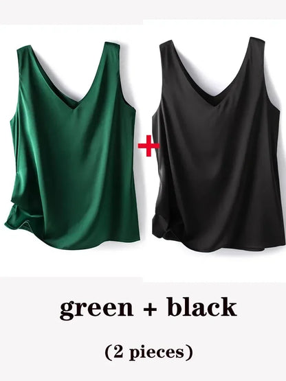 Woman T-shirts Elegant SILK Satin Blouse Sleeveless Female Summer 2025 Casual Loose Tanks and Camis Solid Green Tops for Women