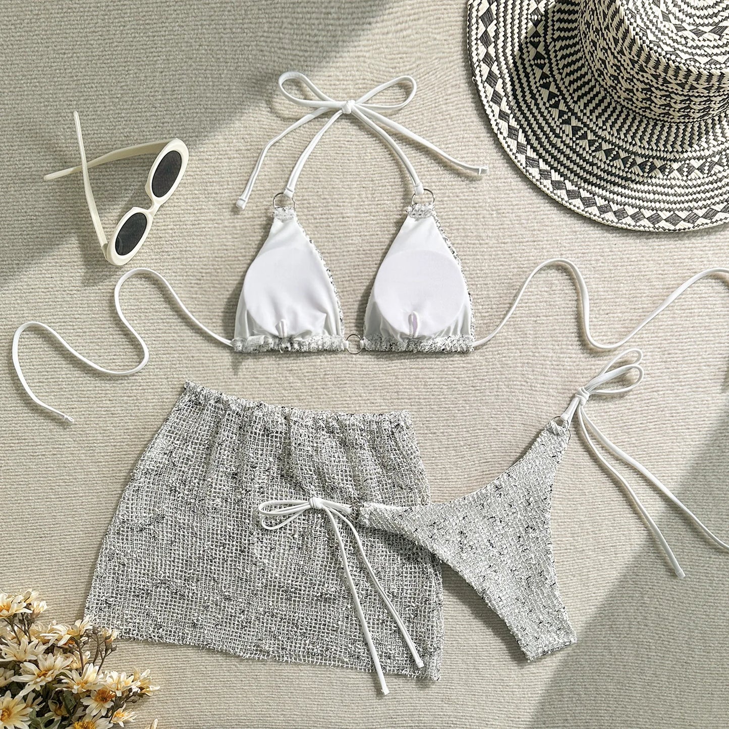 Shiny White Bikini Set 2025 Women's push up cover up 3 Piece Swimsuit Mesh Beach Skirt Thong Metal Ring Swimwear Bathing Suit