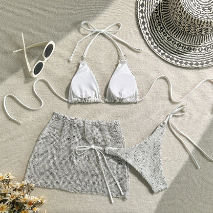 Shiny White Bikini Set 2025 Women's push up cover up 3 Piece Swimsuit Mesh Beach Skirt Thong Metal Ring Swimwear Bathing Suit
