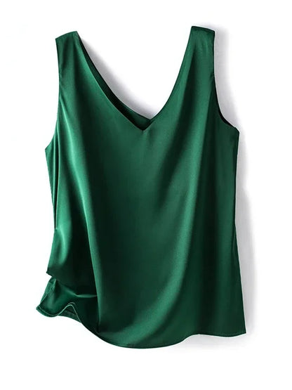 Woman T-shirts Elegant SILK Satin Blouse Sleeveless Female Summer 2025 Casual Loose Tanks and Camis Solid Green Tops for Women