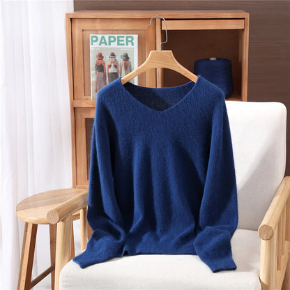 Autumn Winter Mink Cashmere Women Sweater V-Neck Pullover Fashion Basic Soft Warm Clothing 100% Mink Cashmere Knitwear Tops