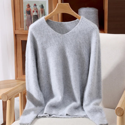Autumn Winter Mink Cashmere Women Sweater V-Neck Pullover Fashion Basic Soft Warm Clothing 100% Mink Cashmere Knitwear Tops