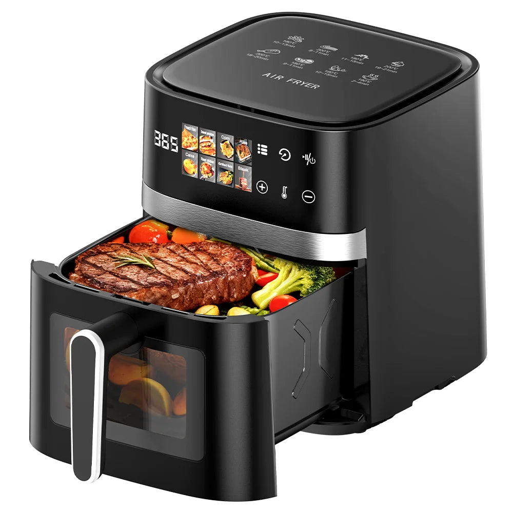 Patbrela 5.5L Air Fryer 8-in-1 Electric Hot Oven with Digital LED Screen Visible Window Max 200°C 1350W New Black Non-fat fryer