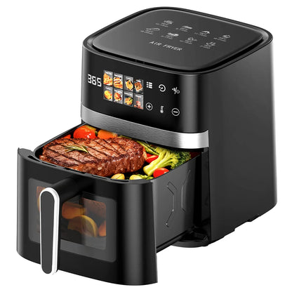 Patbrela 5.5L Air Fryer 8-in-1 Electric Hot Oven with Digital LED Screen Visible Window Max 200°C 1350W New Black Non-fat fryer