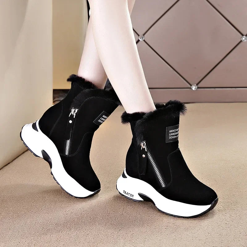 2025 New Women Snow Boots Genuine Leather Suede Natural Fur 8.5cm Platform Wedge Zipper Women Winter Shoes Warm Ankle Booties