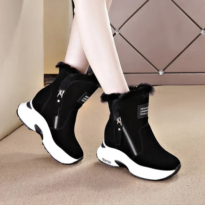 2025 New Women Snow Boots Genuine Leather Suede Natural Fur 8.5cm Platform Wedge Zipper Women Winter Shoes Warm Ankle Booties