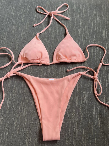 Sexy Brown Bikini 2025 Women Solid Red Halter Push Up Bra Tie Side Triangle Swimsuit Summer Bathing Suit Lace Up Micro Swimwear