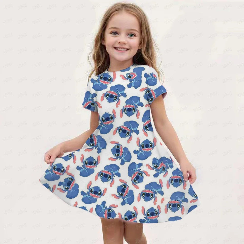 2025 Stitch Dress For Girls Children's Sleep Baby Summer Clothes StrayKids 3d Print Skirt Original Clothing Short-Sleeved Skirt