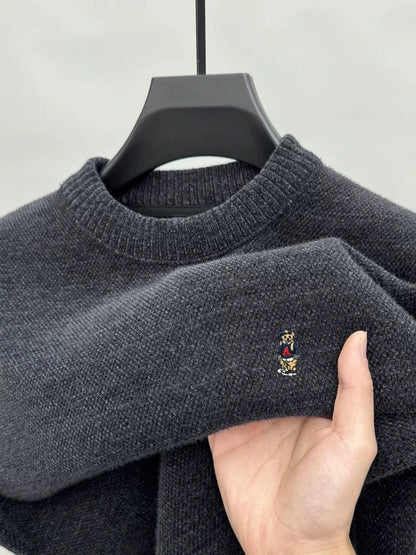 Fashion high-end brand knitted round neck sweater pullover new trend cartoon little bear embroidery comfort warm casual men wear