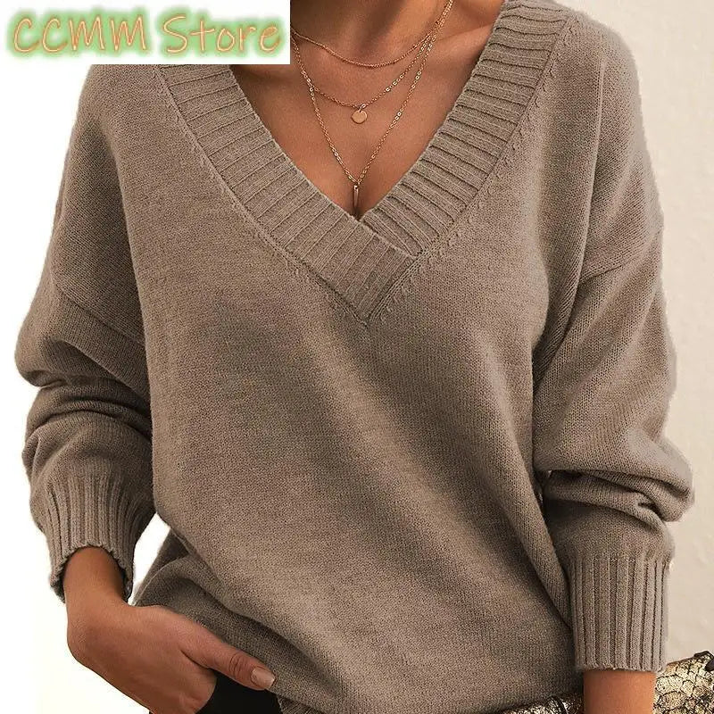 New Winter Women Pullover Sweaters Female V-Neck Loose Casual knitwear Retro Autumn Lady Long Sleeve Office Solid Warm Knit Tops