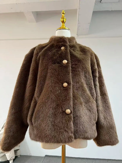 Women's Luxury Vintage Plush Faux Fur Coat Eco-Friendly Mink Style Integrated Winter Outerwear Elegant Warm Jacket