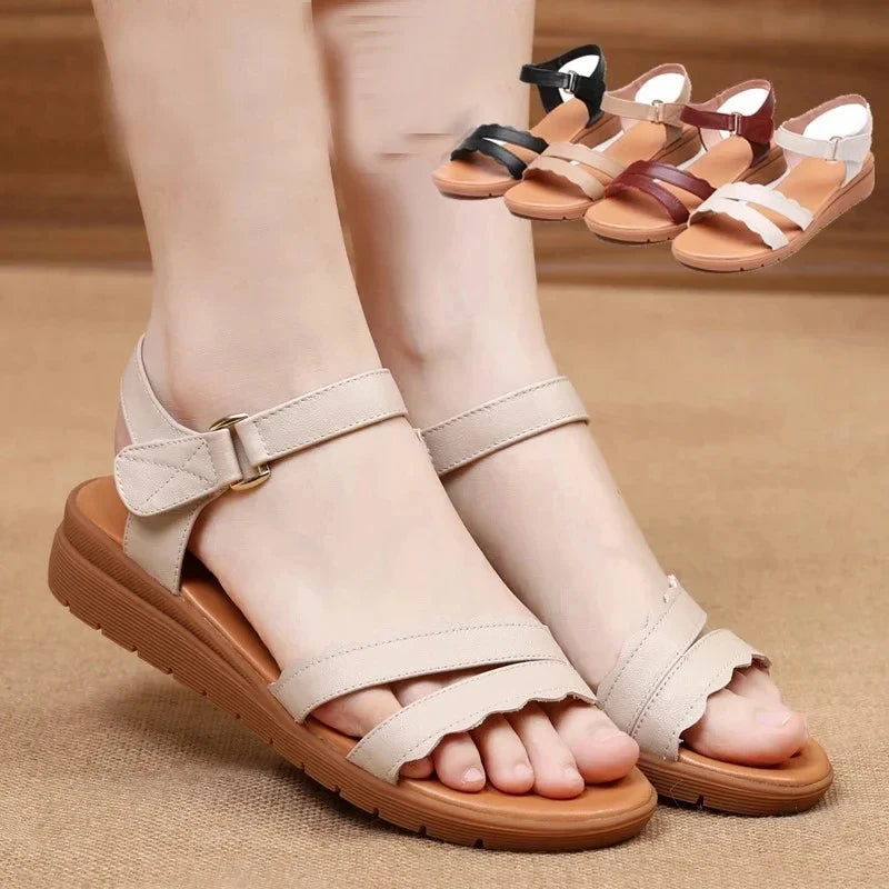 2025 Summer Soft Cowhide Soft Sole Wear Flat Sandals Woman Shoe Large Size Comfort Elegant Women Leather Sandals Casual