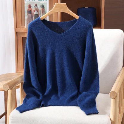 Autumn Winter Mink Cashmere Women Sweater V-Neck Pullover Fashion Basic Soft Warm Clothing 100% Mink Cashmere Knitwear Tops