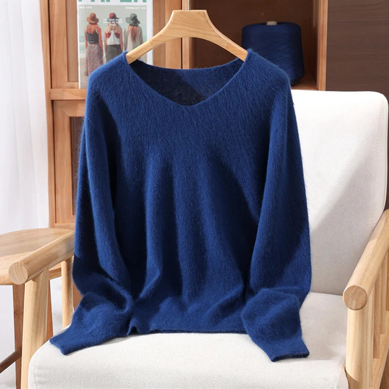Autumn Winter Mink Cashmere Women Sweater V-Neck Pullover Fashion Basic Soft Warm Clothing 100% Mink Cashmere Knitwear Tops